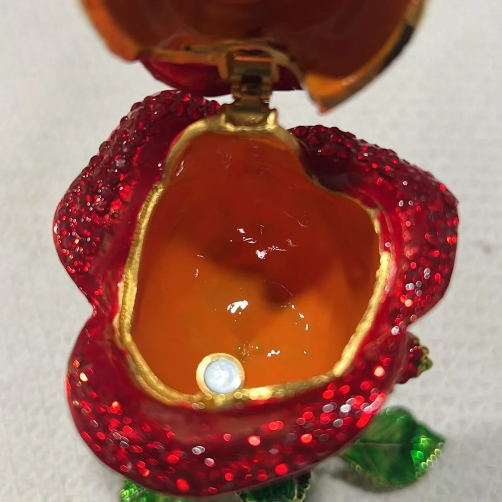 Elegant Red and Green Metal faberge style Rose , secret jewelry storage, NWB